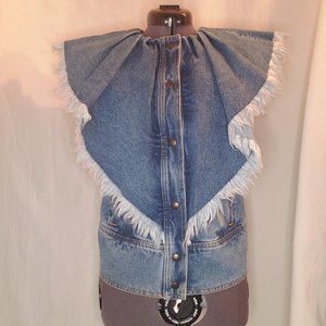Denim Snap Up Vest with Frayed V Wing
